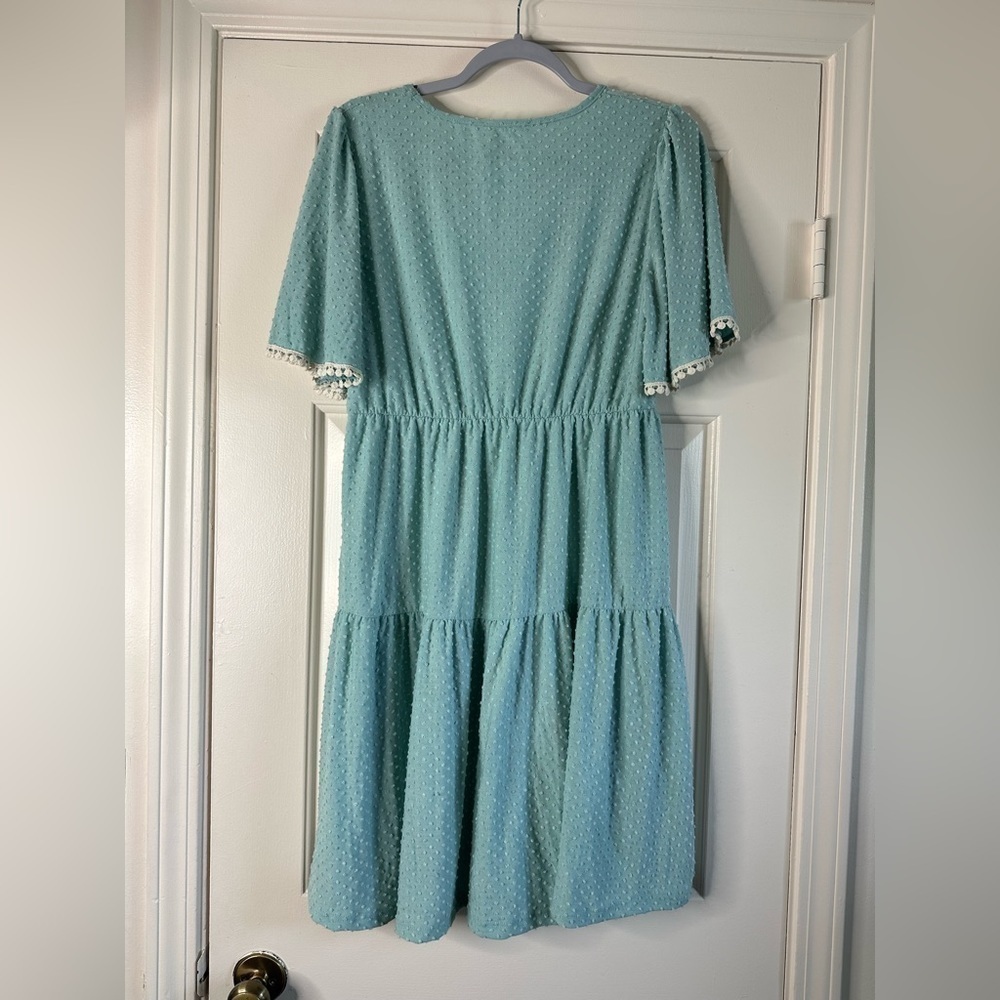 Mint Blue Reborn J dress Women Size Large V Neck Pleated Flowy - Picture 8 of 13